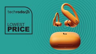 Beats Powerbeats Pro 2 orange on cyan background with TechRadar lowest price in black text