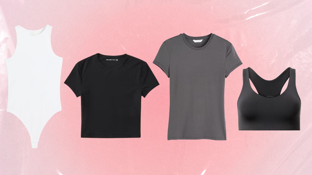 Product images of bodysuits, t-shirts and sports bra SKIMS dupes from H&amp;M/ A&amp;F and Girlfriend Collective/ in a pink gradient template