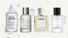 A collage of 'rain' perfumes from Maison Margiela, Le Labo, LOEWE an Anillo, on a cream background with blue rain drops.