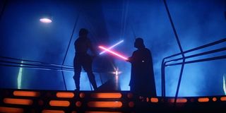 Luke Skywalker and Darth Vader lightsaber dueling in The Empire Strikes Back