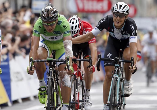 Peter Sagan (Cannondale) and Matteo Trentin (Omega Pharma-QuickStep) just crossed the line after the stage 7 sprint