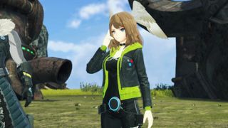 Xenoblade Chronicles 3 Characters, Eunie stands on a battlefield, facing the camera