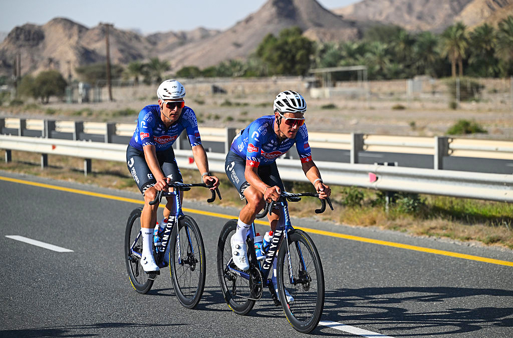 JEBEL MOBRAH, UNITED ARAB EMIRATES - FEBRUARY 18: (L-R) Jonas Rickaert of Belgium and Silvan Dillier of Switzerland and Team Alpecin-Premier Tech compete in the breakaway during the 8th UAE Tour 2026, Stage 3 a 183km stage from Umm al Quwain to Jebel Mobrah 1229m / #UCIWT / on February 18, 2026 in Jebel Mobrah, United Arab Emirates. (Photo by Tim de Waele/Getty Images)