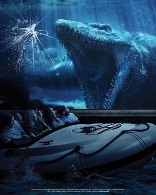 Jurassic World Ride poster , Mosasaurus and guests in rafts