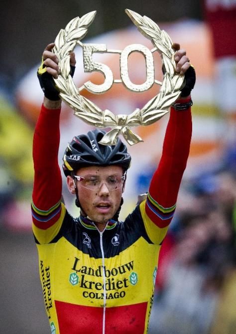 Belgian champion Sven Nys celebrates the 50th Superprestige victory on his career in Gieten, Belgium on November 29, 2009