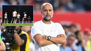 NEW YORK, NEW YORK - JULY 27: Pep Guardiola of Manchester City looks on during a game between Manchester City and AC Milan at Yankee Stadium on July 27, 2024 in New York City. (Photo by Stephen Nadler/ISI Photos/Getty Images)