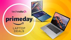 Assorted laptops on a yellow background with an Amazon Prime Day laptop deals text overlay and logo