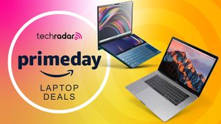 Assorted laptops on a yellow background with an Amazon Prime Day laptop deals text overlay and logo