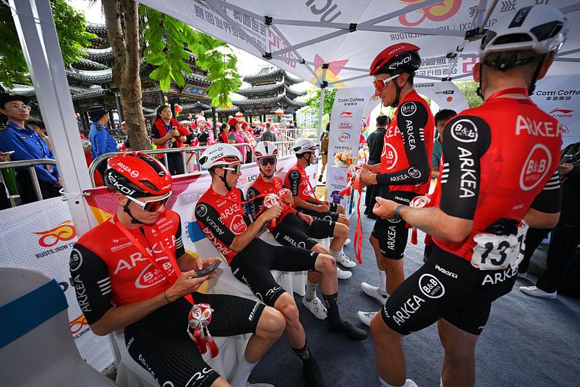 JINGXI, CHINA - OCTOBER 16: Ewen Costiou of France, Simon Guglielmi of France, Mathis Le Berre of France, Leandre Lozouet of France, Luca Mozzato of Italy, Michel Ries of Luxembourg, Louis Rouland of France and Team Arkea - B&amp;amp;B Hotels prior to the 6th Gree-Tour Of Guangxi 2025, Stage 3 a 214km stage from Jingxi to Bama on October 16, 2025 in Jingxi, China. (Photo by Tim de Waele/Getty Images)