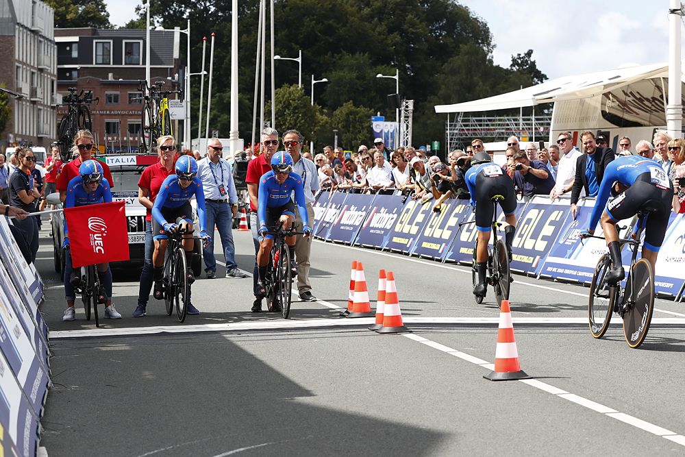 Edoardo Affini of Italy / Manuele Boaro of Italy / Davide Martinelli of Italy / Vittoria Guazzini of Italy / Elisa Longo Borghini of Italy / Silvia Valsecchi of Italy / during the 25th UEC Road European Championships 2019 - Mix Relay