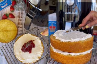A collage of assembling the air fryer coronation cake