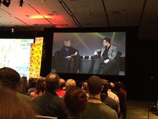 SpaceX founder and CEO Elon Musk talks to Margaret Leinen, the director of the Scripps Institution of Oceanography, on Dec. 15, 2015, at the annual fall meeting of the American Geophysical Union in San Francisco.