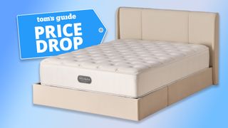 The Westin Heavenly Bed luxury hotel mattress on an upholstered bed frame against a blue background, a Tom's Guide Price Drop deals graphic in the top left