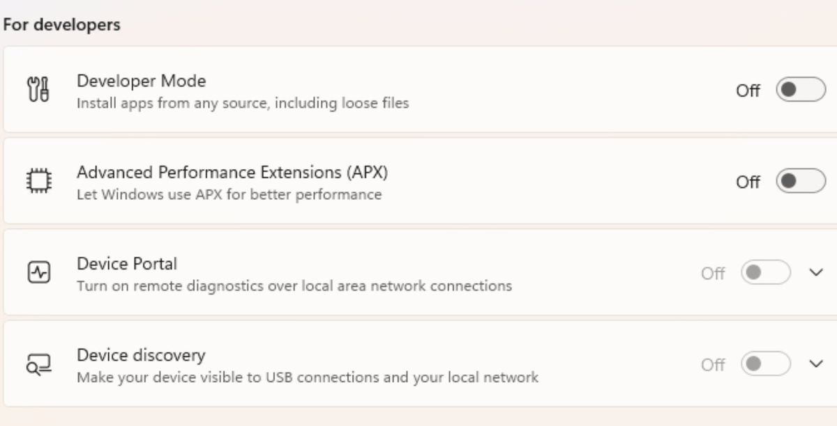Windows 11 Settings app showing option to enable Intel APX feature