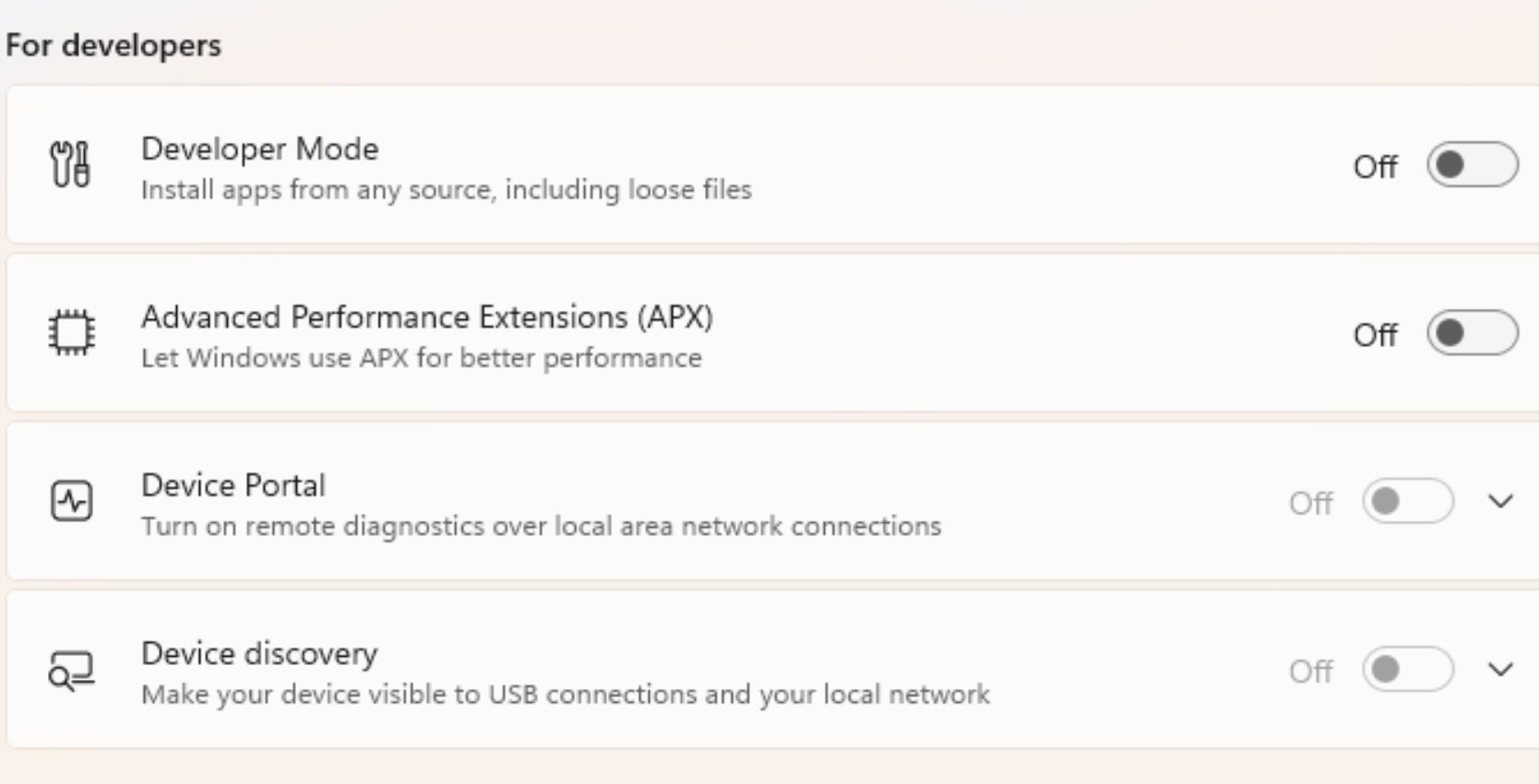 Windows 11 Settings app showing option to enable Intel APX feature
