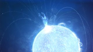 A powerful X-ray burst erupts from a magnetar — a supermagnetized version of a stellar remnant known as a neutron star — in this illustration. 