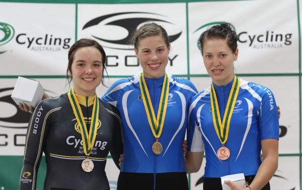The podium for the under 19 women's sprint: Allee Proud (silver), Adele Sylvester (gold), and Imogen Jelbart (bronze).
