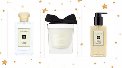 A collage of three Jo Malone Cyber Monday deals - snow drop candle, lime basil and mandarin hand wash and barley and poppy cologne