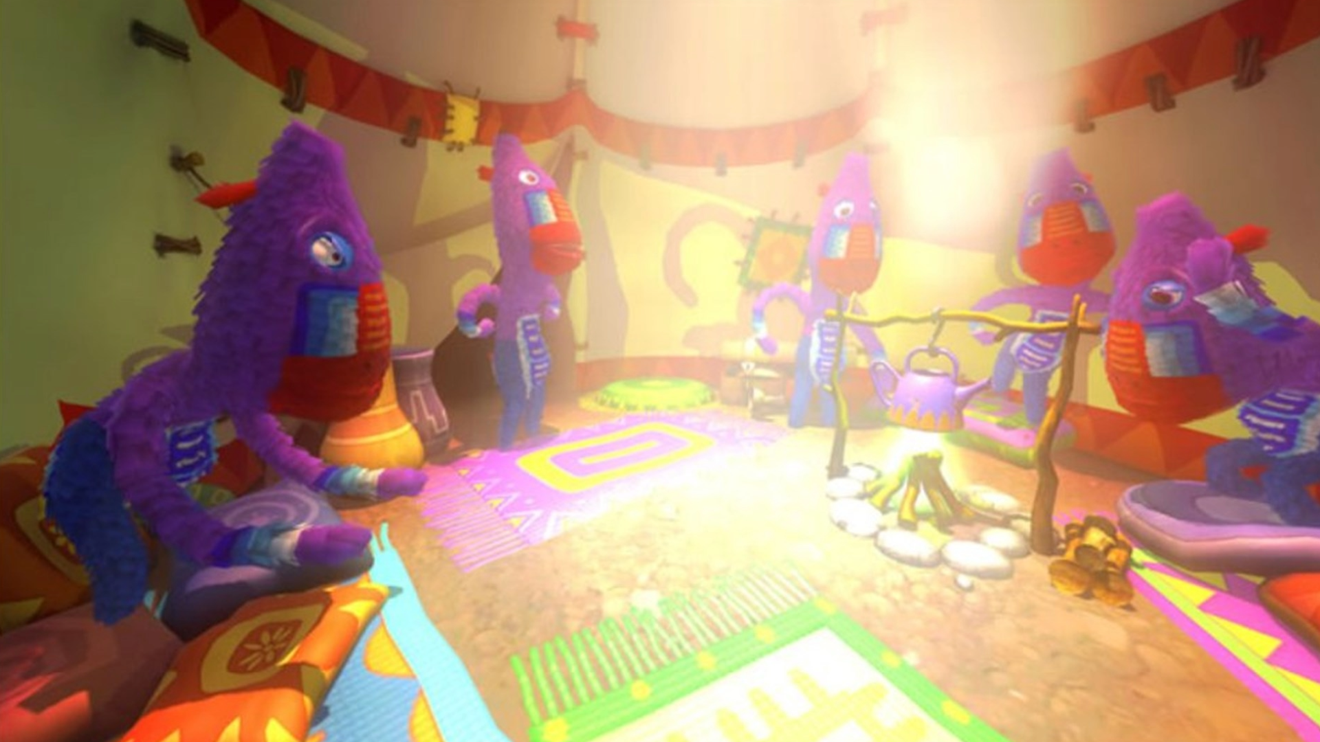 Baboons inside a house around a camp fire in Viva Pinata