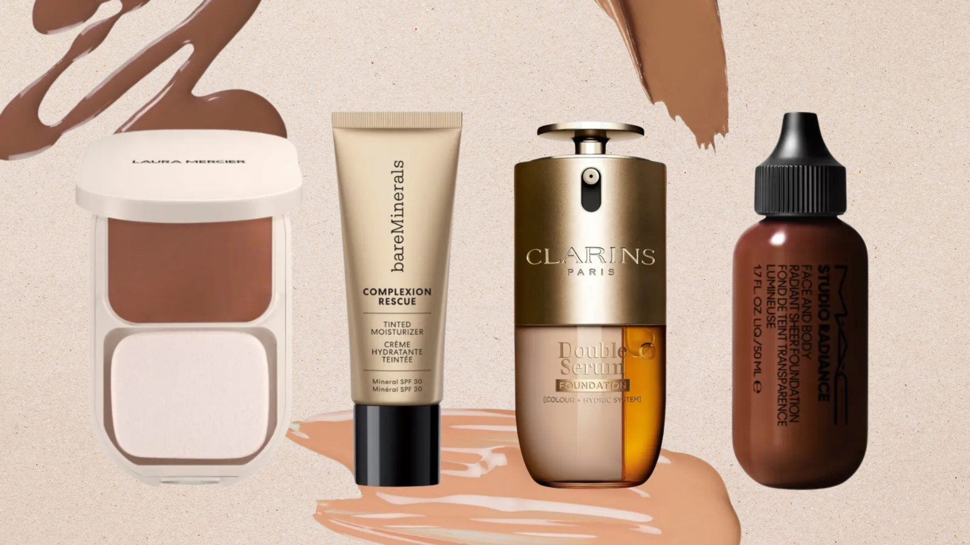 Collage of 4 of the best lightweight foundations featured in this guide from (left to right) Laura Mercier, bareMinerals, Clarins and MAC, with makeup swatches on a beige background