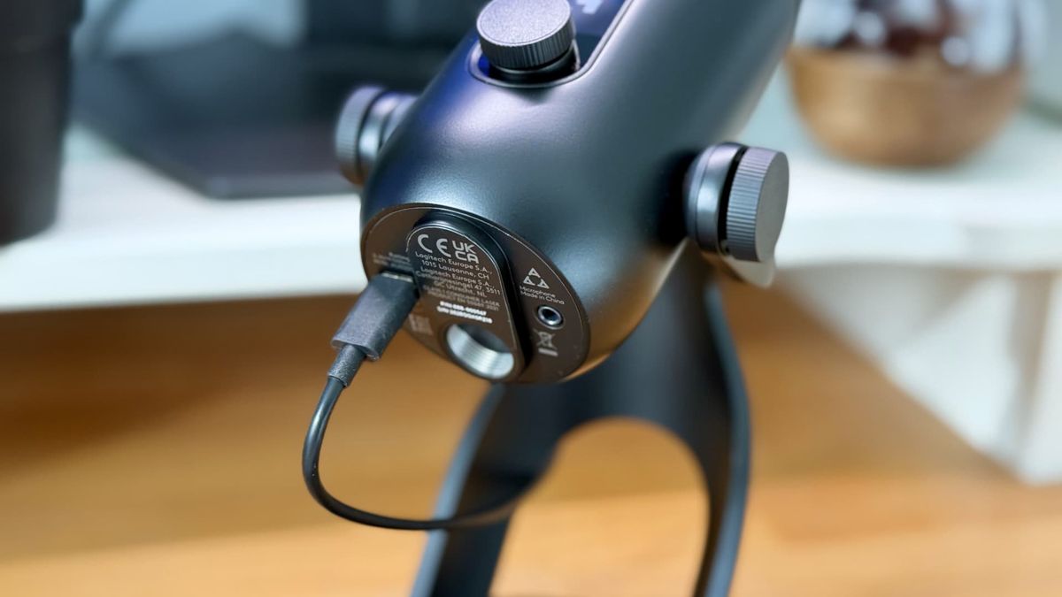 The Logitech Yeti 2 microphone on a desk.