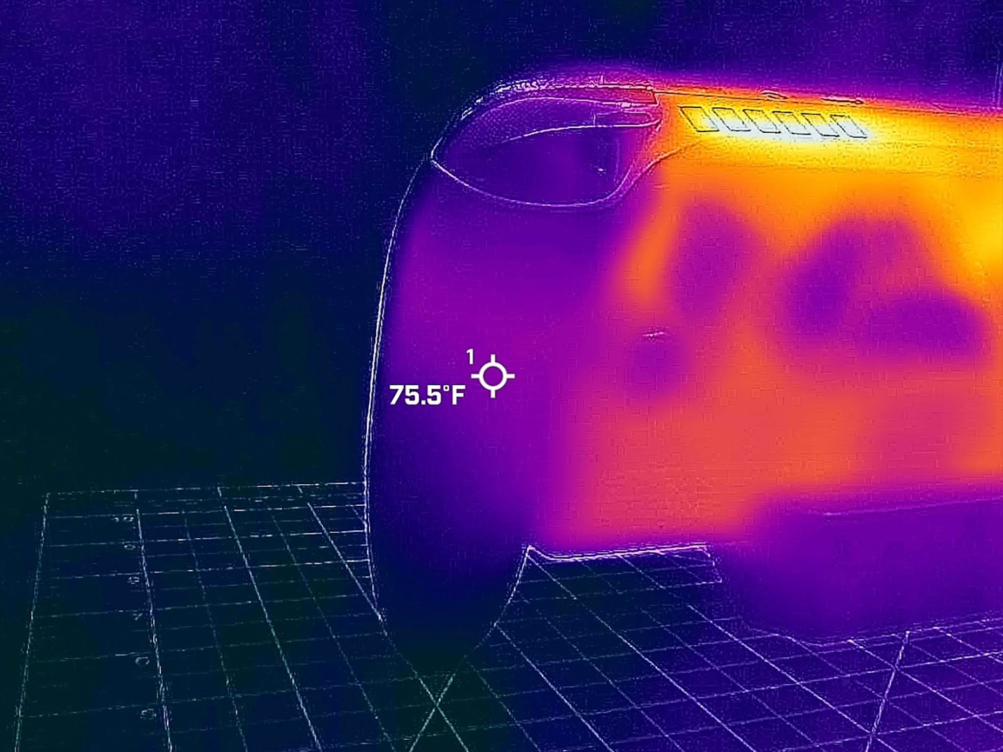 A picture taken with a thermal camera that shows that the ROG Xbox Ally X's left grip at 75 degrees F.