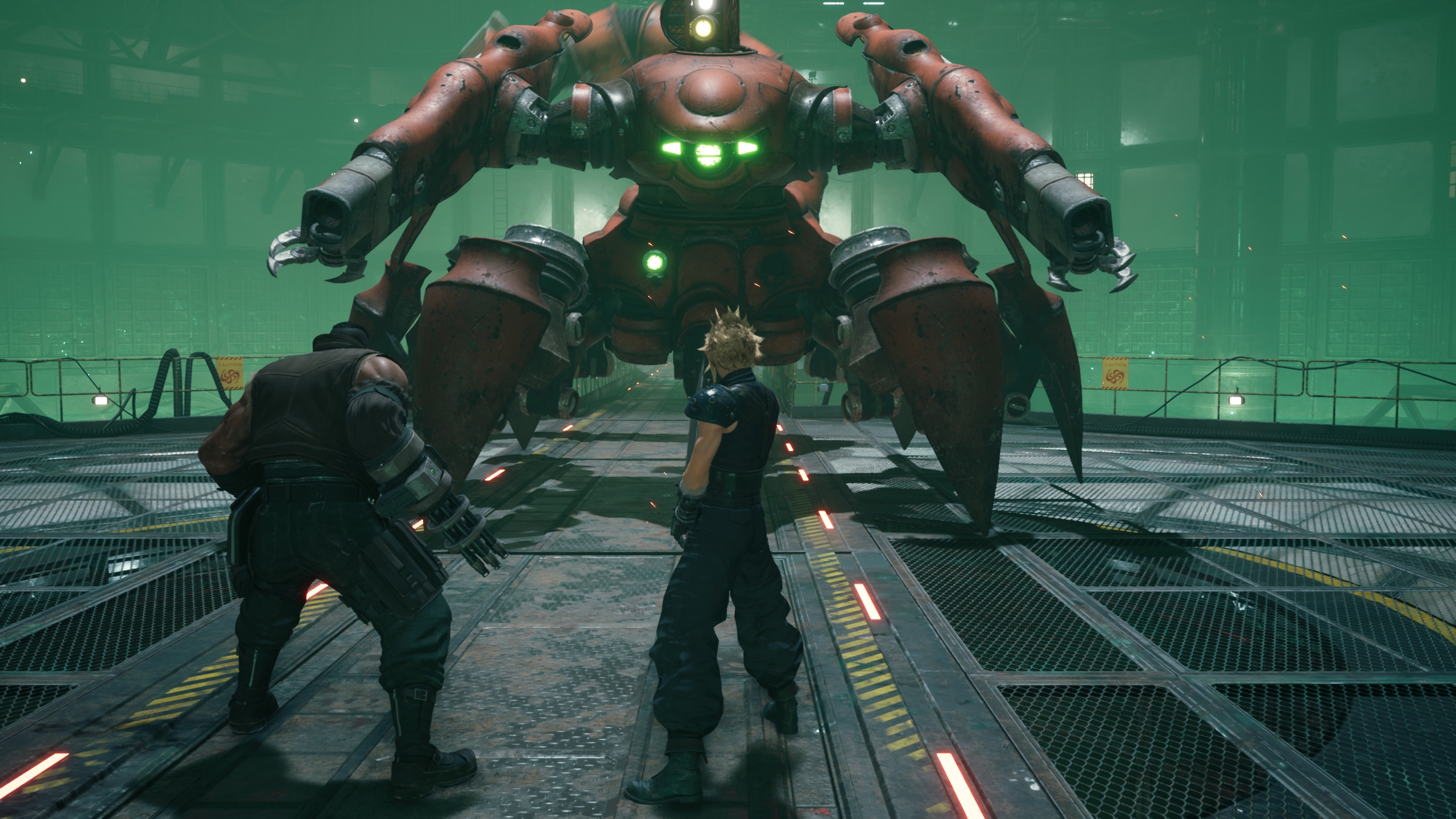Cloud and Barret face a scorpion robot, remade