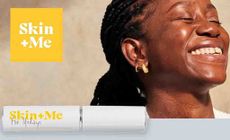 Skin and me logo placed over a women smiling with skin and me product 