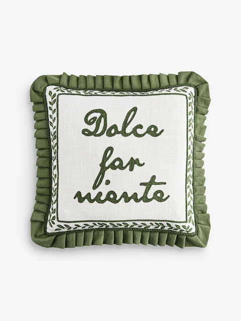 Lia Gold x Next, Lia Gold X Next Green Embroidered Slogan Pleated Cushion - Size 45x45