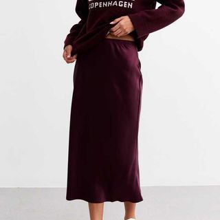 New Look Burgundy Satin Bias Cut Midi Skirt