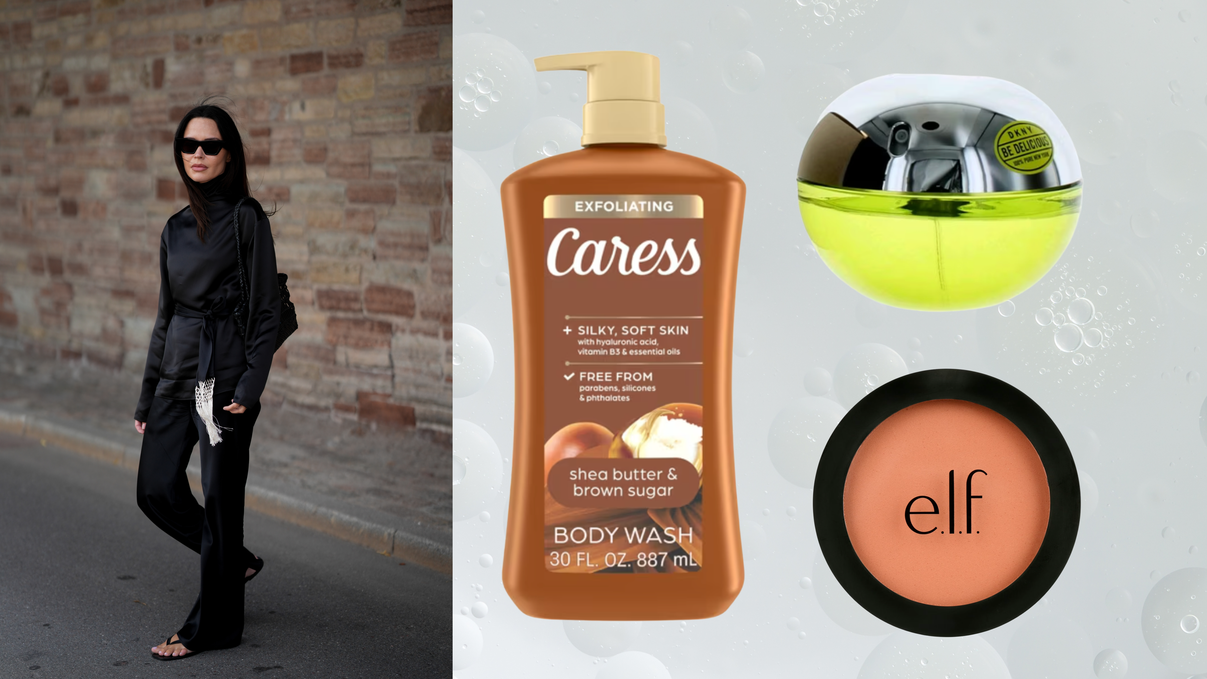 A woman wearing black sunglasses as well as a black jacket, pants, shoes and a purse. She is next to 3 beauty products: blush, body wash, and perfume.