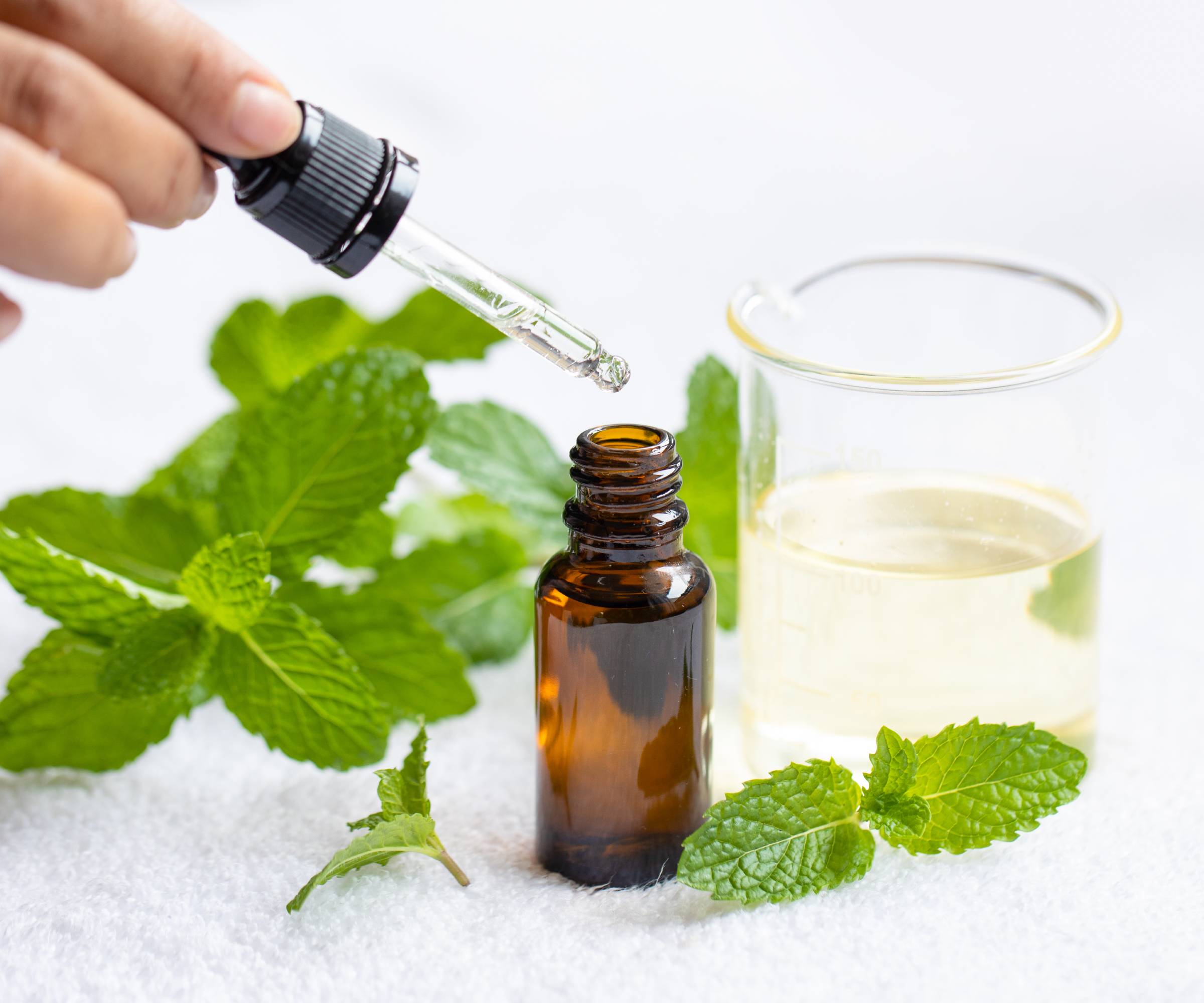 Mint leaves, a bottle with a dropper, and a glass of essential peppermint oil