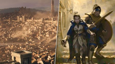 Baldur's Gate city alongside two adventurers with swords drawn