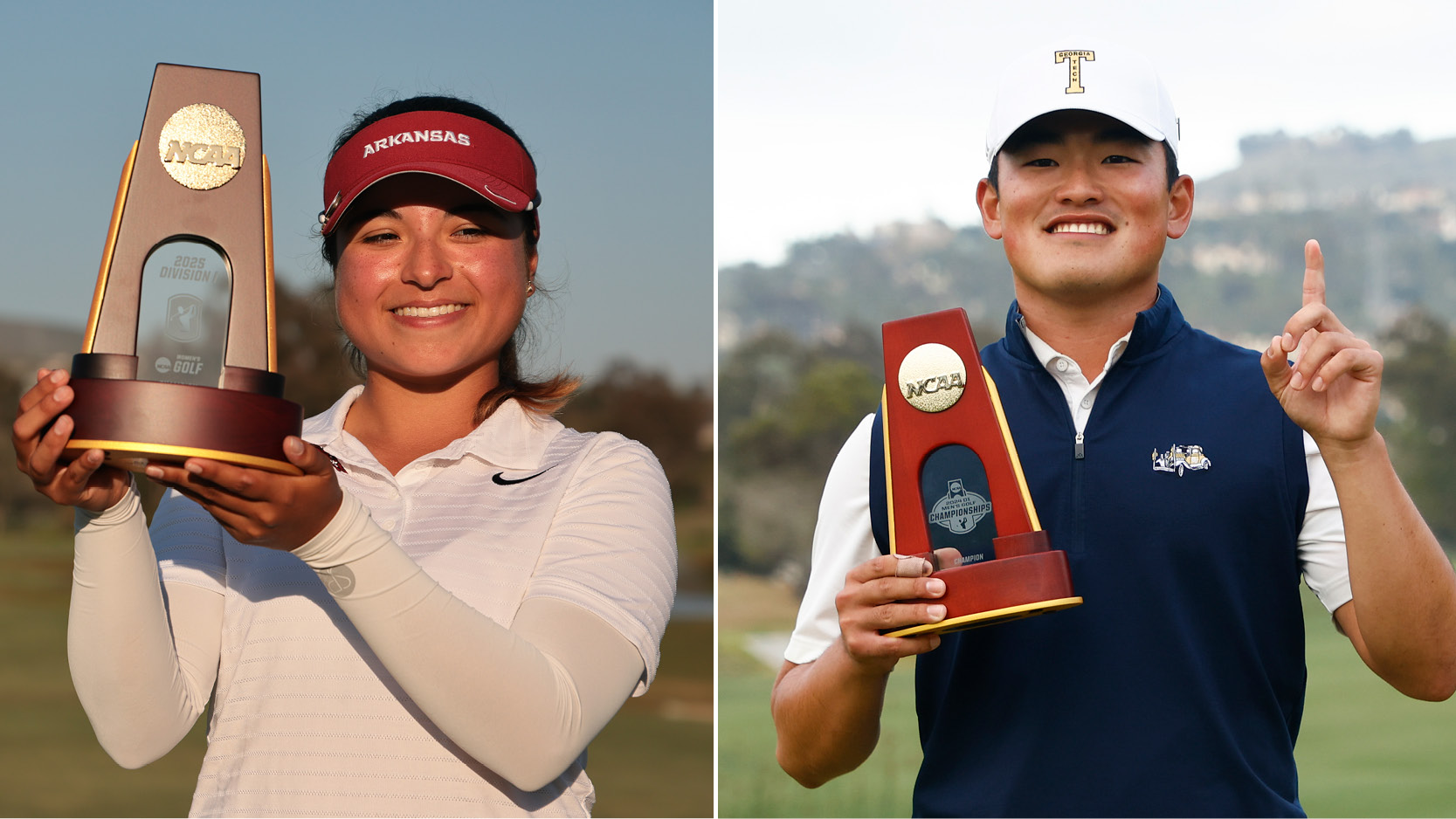 (Left) Maria Jose Marin holds up the NCAA Division 1 Women&#039;s Golf Championship trophy, (right) Hiroshi Tai poses with the NCAA Division 1 Men&#039;s Golf Championship trophy