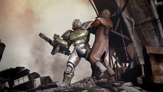 Fallout power armor wearer holding up a defeated NCR ranger