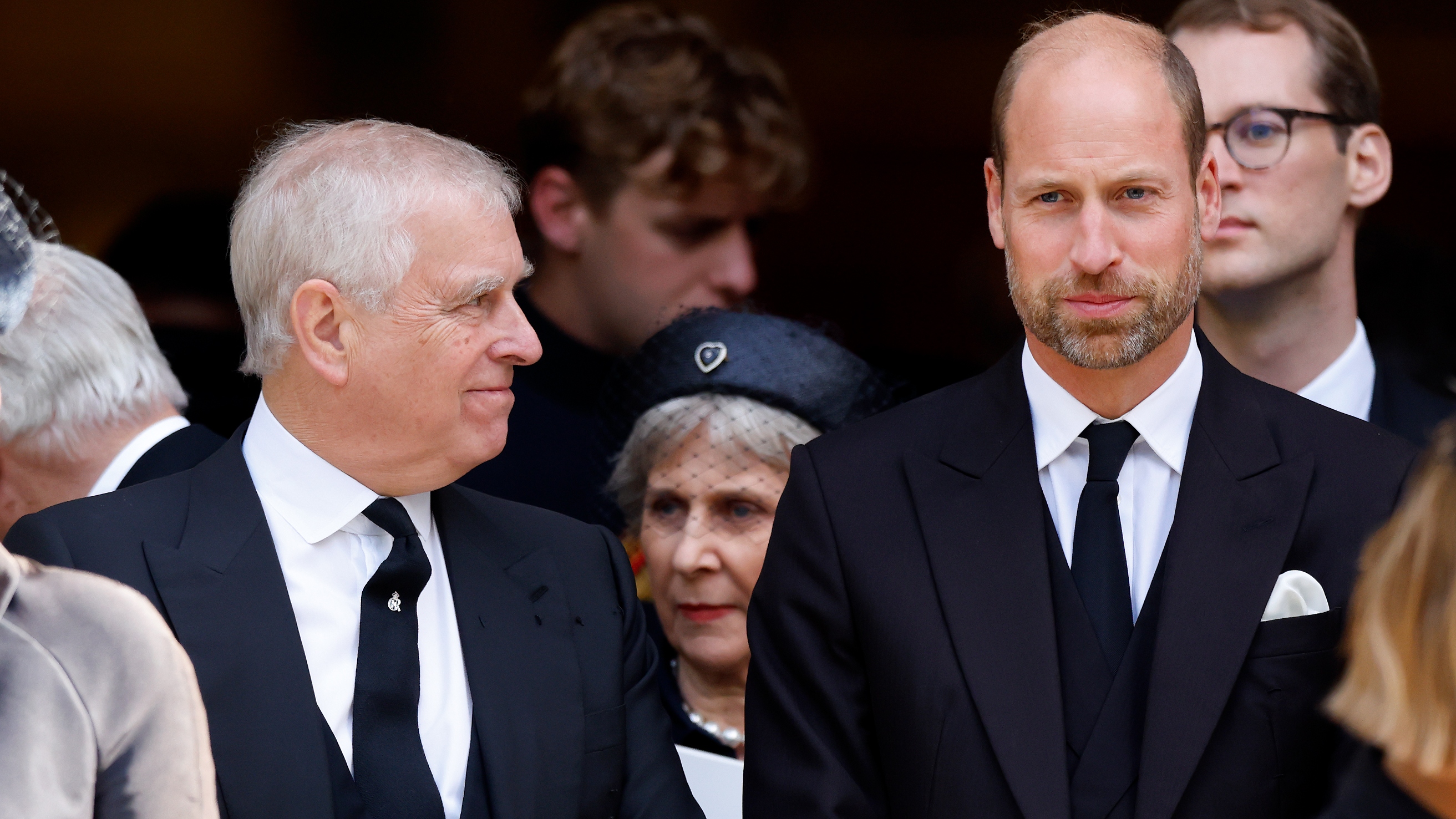 Andrew and Prince William, Prince of Wales attend Katharine, Duchess of Kent&#039;s Requiem Mass service at Westminster Cathedral on September 16, 2025