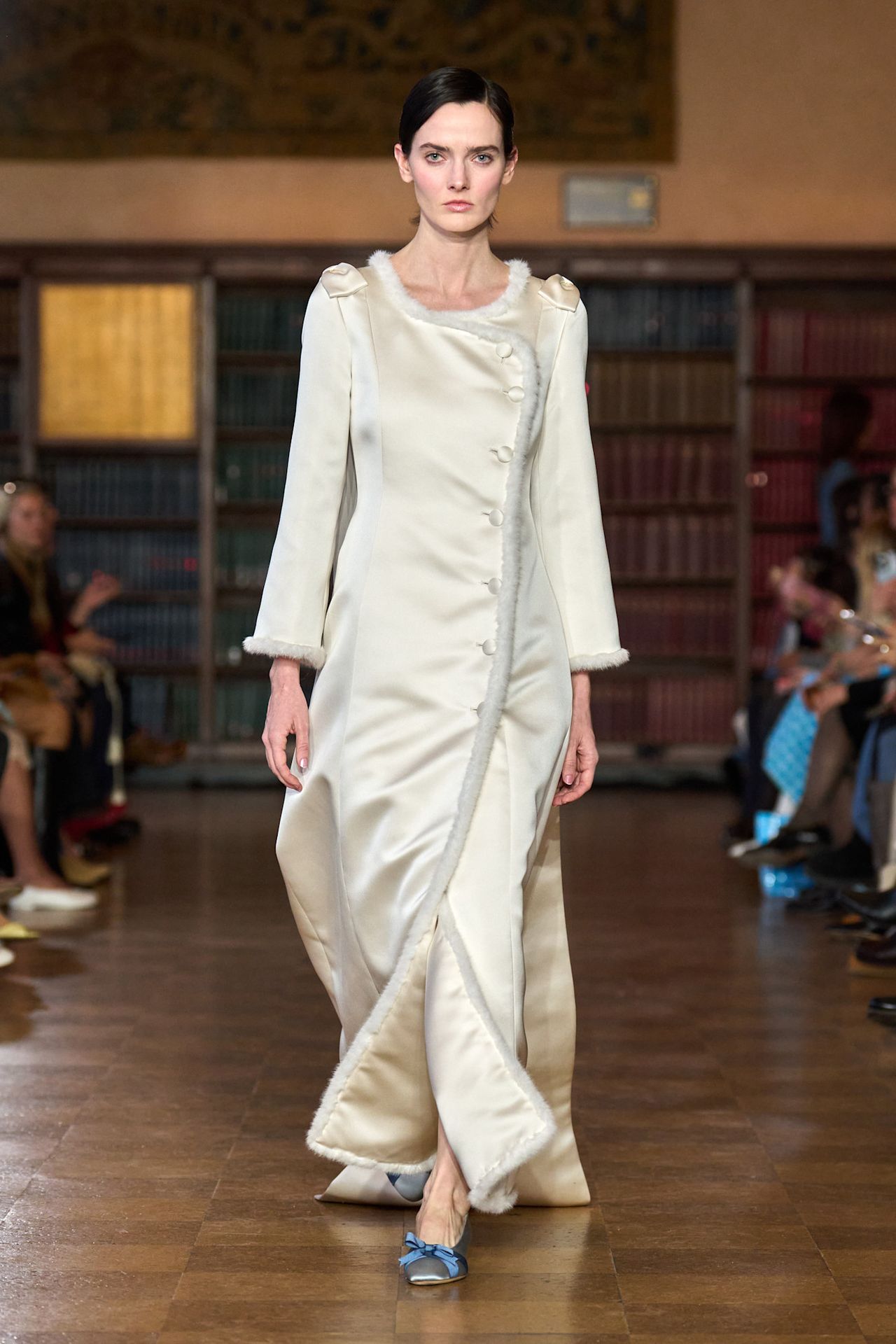 models walk the Sandy Liang Fall 2026 fashion show runway wearing slipper shoes