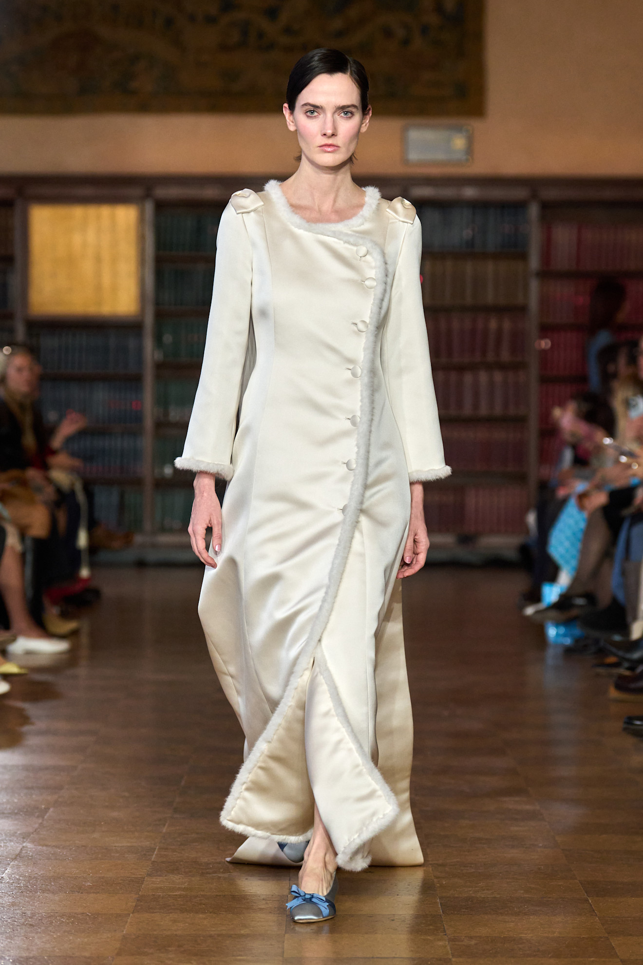 models walk the Sandy Liang Fall 2026 fashion show runway wearing slipper shoes 