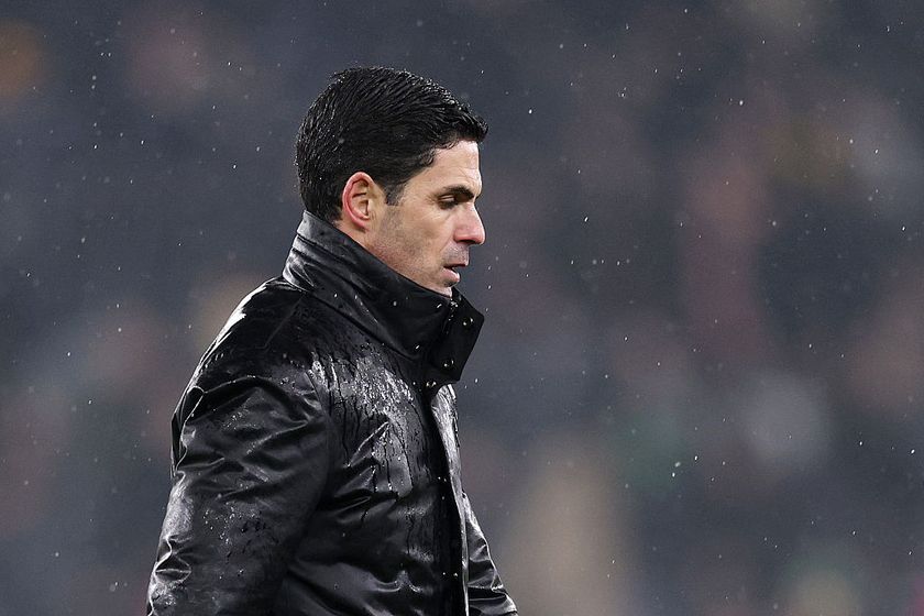 Mikel Arteta, Manager of Arsenal, reacts following the draw in the Premier League match between Wolverhampton Wanderers and Arsenal at Molineux on February 18, 2026 in Wolverhampton, England.