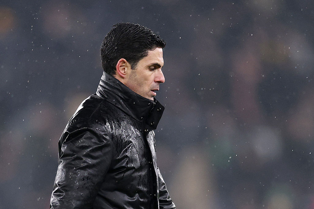 Mikel Arteta, Manager of Arsenal, reacts following the draw in the Premier League match between Wolverhampton Wanderers and Arsenal at Molineux on February 18, 2026 in Wolverhampton, England.