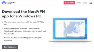 Et skærmbillede af NordVPN's side, hvor du kan downloade appen til Windows