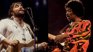 LEFT: Lowell George performs with Little Feat at the Berkeley Community Theater on June 14, 1978 in Berkeley, California. RIGHT: Jimi Hendrix (1942-1970) performs live on stage playing a black Fender Stratocaster guitar at the 1970 Isle of Wight Festival at Afton Down on the Isle of Wight on the night of 30th-31st August 1970.
