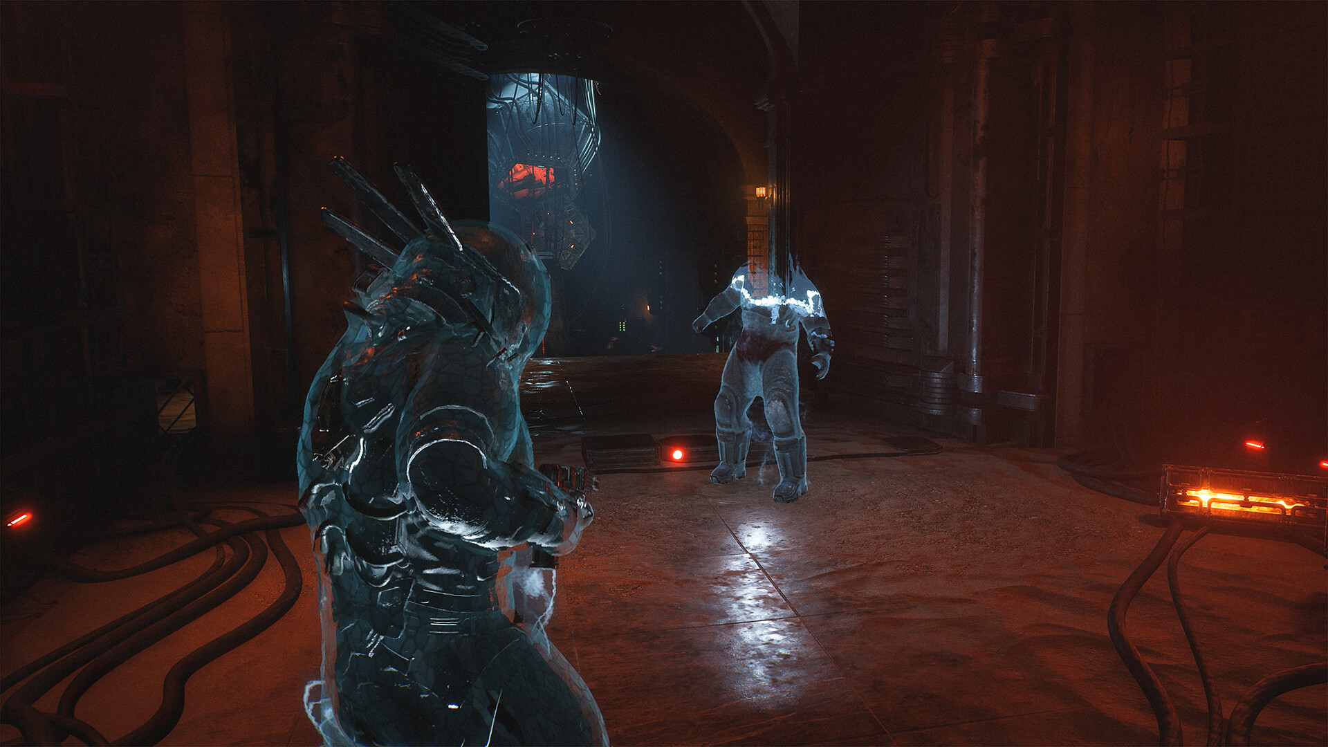 Two armored figures face off in a dimly lit, industrial-style corridor. The scene is tense, with blue and orange lighting creating a dramatic atmosphere.