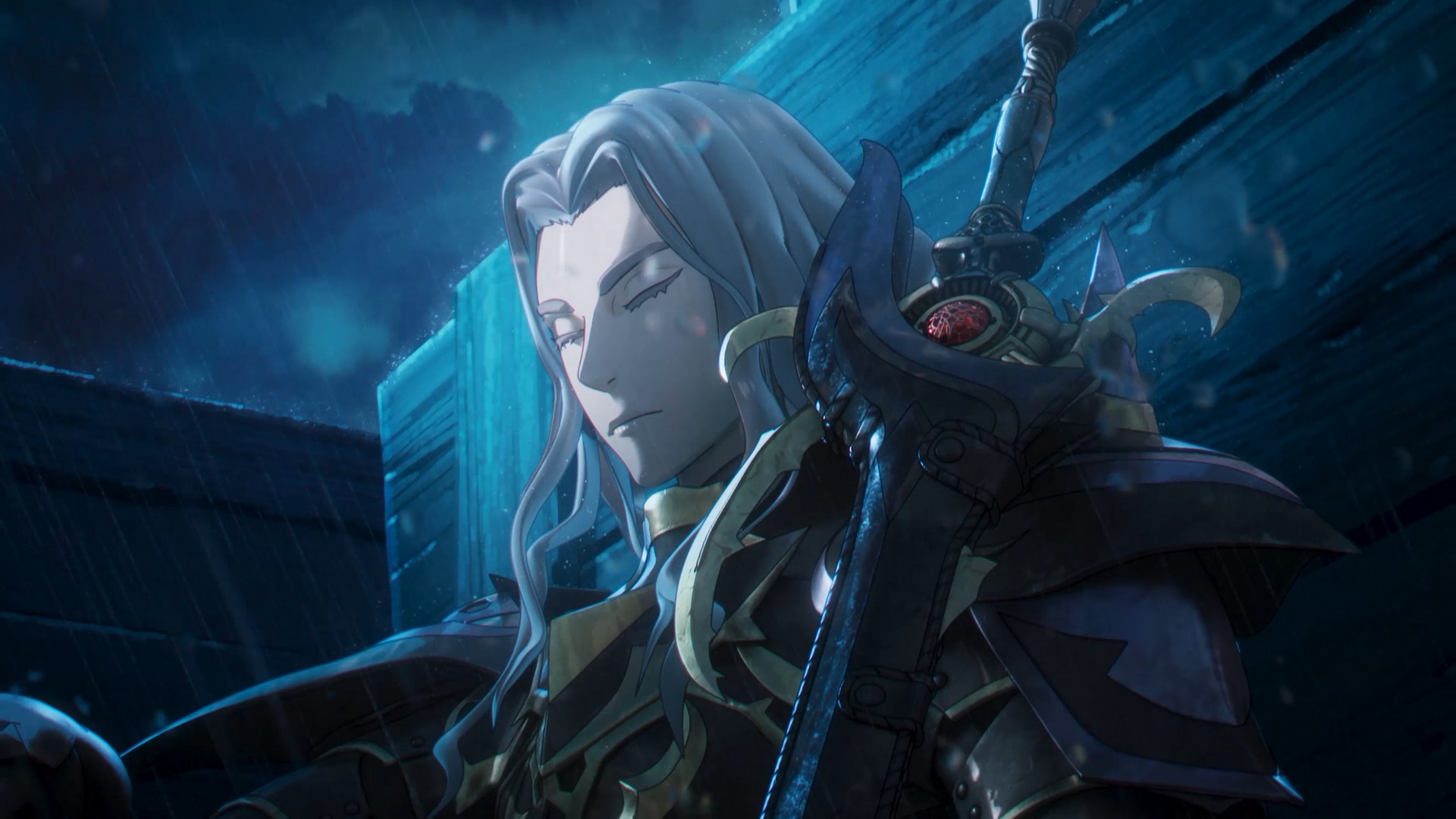 Dietrich sits in the back of a cart in the raid in Fire Emblem: Fortune's Weave with his eyes closed, his sword resting against his shoulder