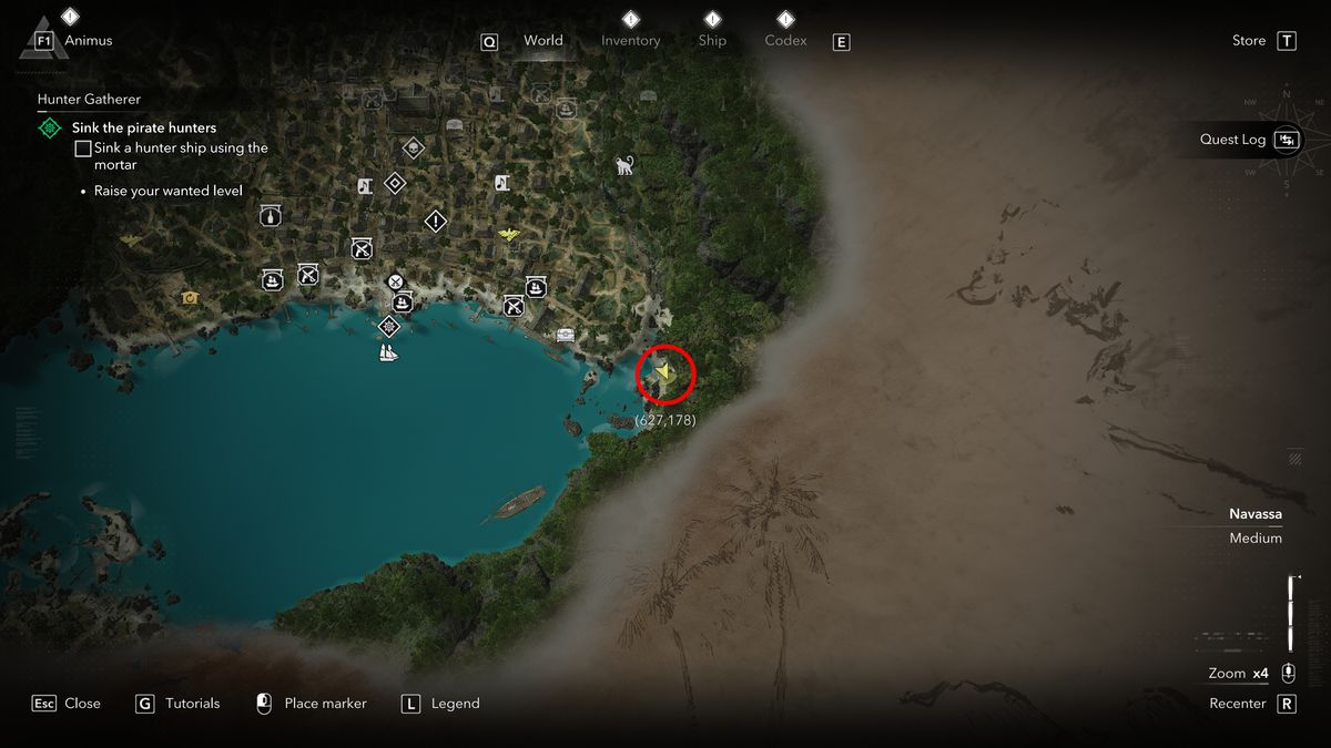 Black Flag treasure maps: A screenshot of the map with a red circle showing the location of the buried treasure chest in Kingston.