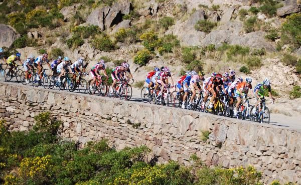 The bulk of the peloton remain together...for now
