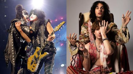 Left&ndash;Gene Simmons and Paul Stanley perform during the final show of KISS: End of the Road World Tour at Madison Square Garden on December 02, 2023 in New York City; Right &ndash; Nick Simmons and Evan Stanley photoshoot for their duo Stanley Simmons