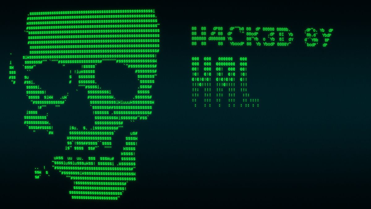 Green symbols on a computer screen making up a skull and the words &quot;Hacked by Hal&quot;