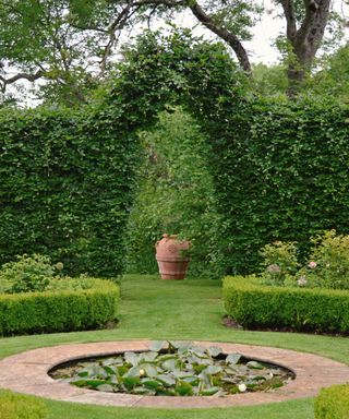 symmetry with box hedging around water feature in a formal garden design