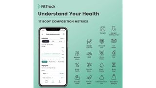 FitTrack app with metrics listed on green background